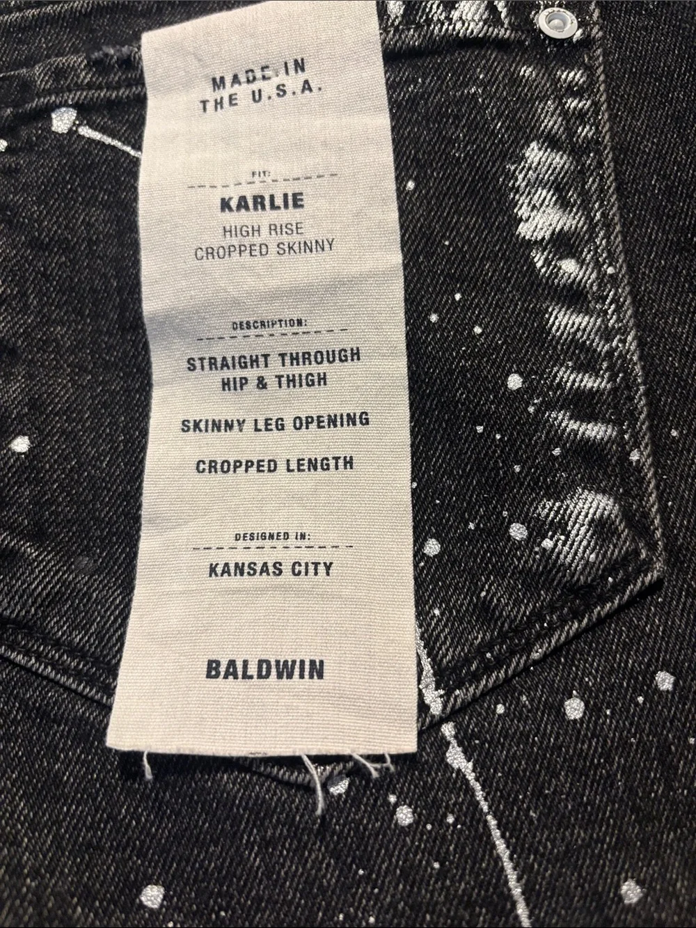 BALDWIN Karlie high rise cropped skinny Jeans with White and Tan Paint Splatter